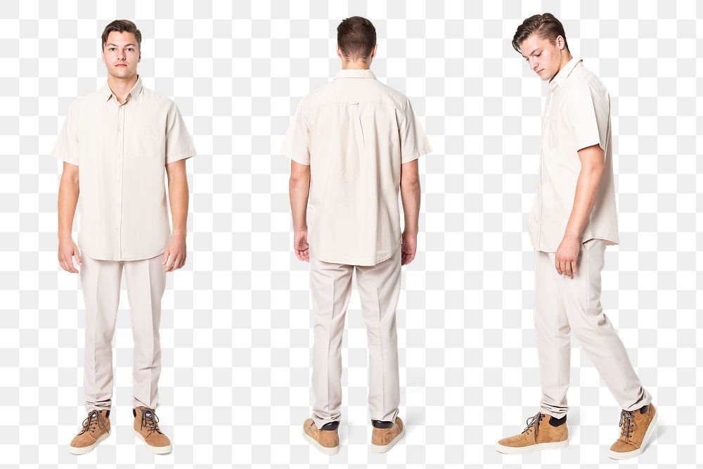 Man png mockup in beige shirt casual wear set