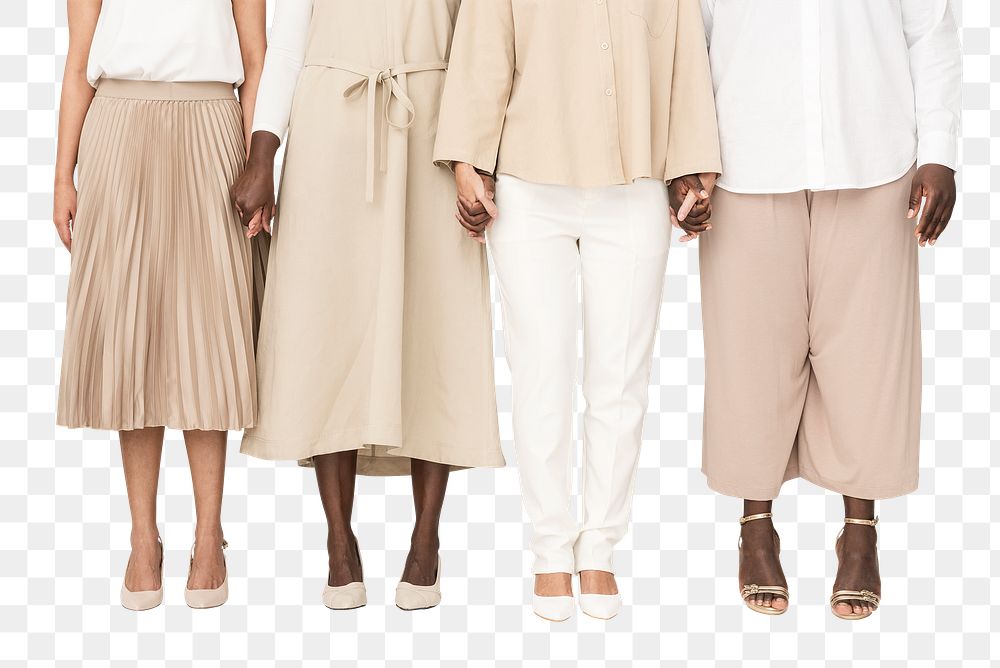 Png earth tone outfit mockup on diverse group of people for apparel ad