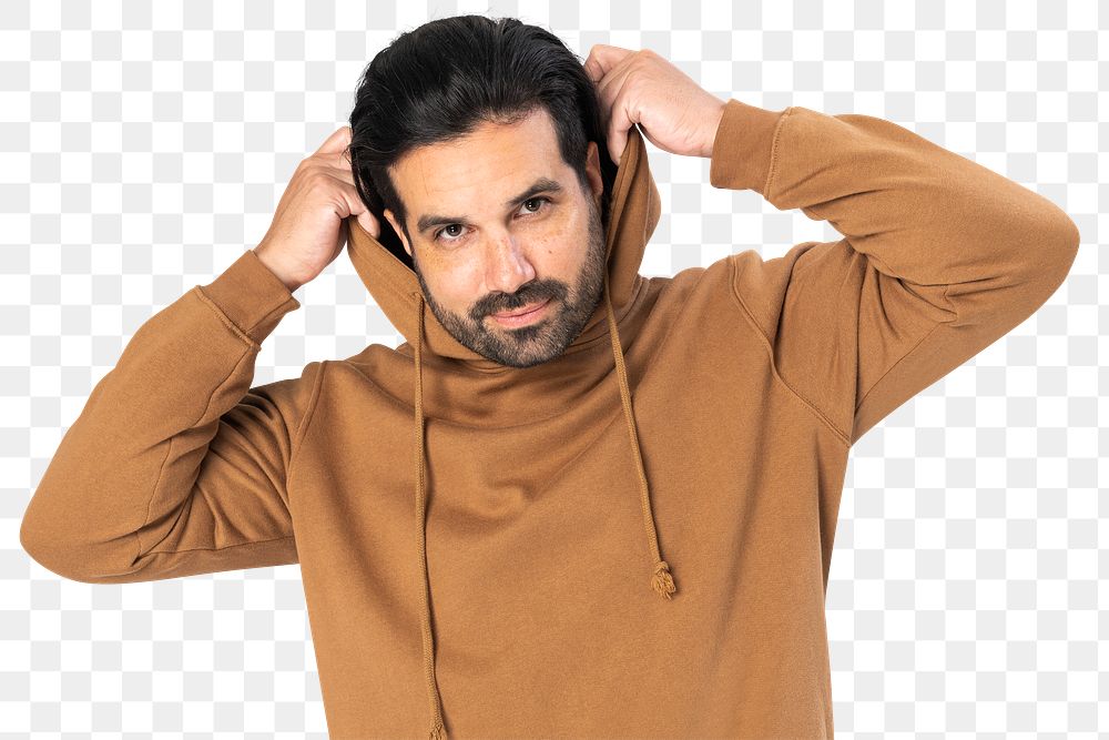 Png brown hoodie mockup transparent on Indian man close-up