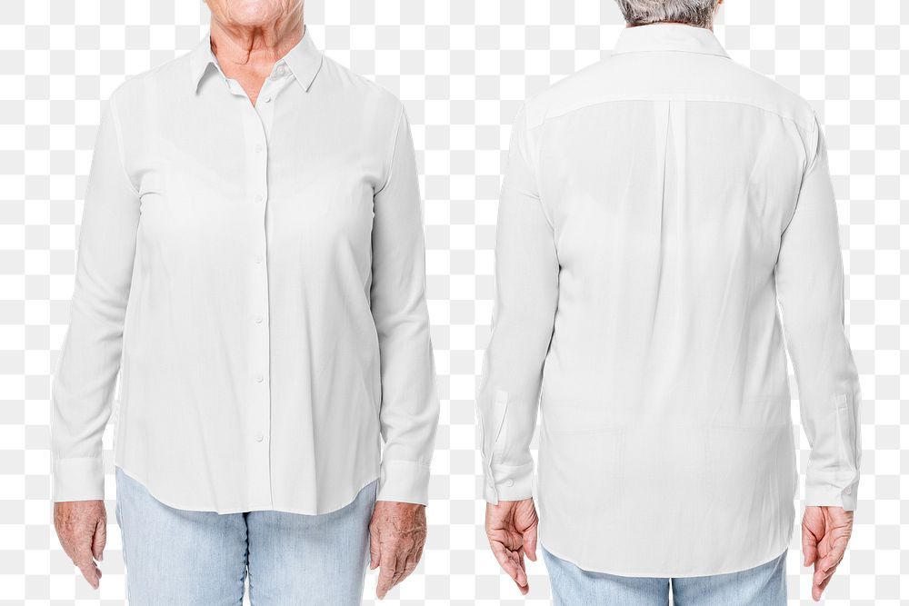 White shirt png mockup women’s apparel on senior model