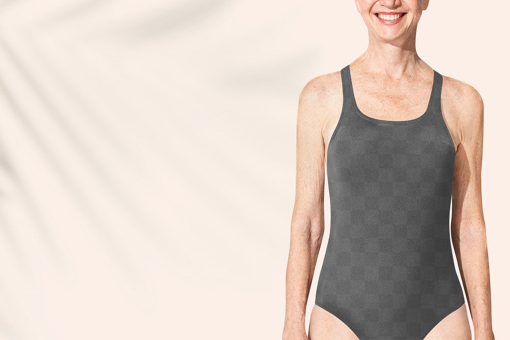 Png one-piece swimsuit mockup on senior woman closeup
