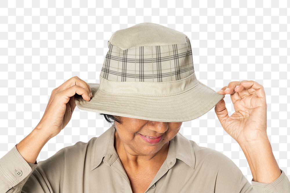 Png woman mockup in beige plaid bucket hat mature apparel