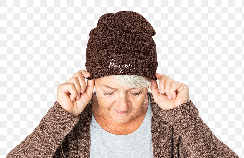 Senior woman png mockup in red beanie winter apparel