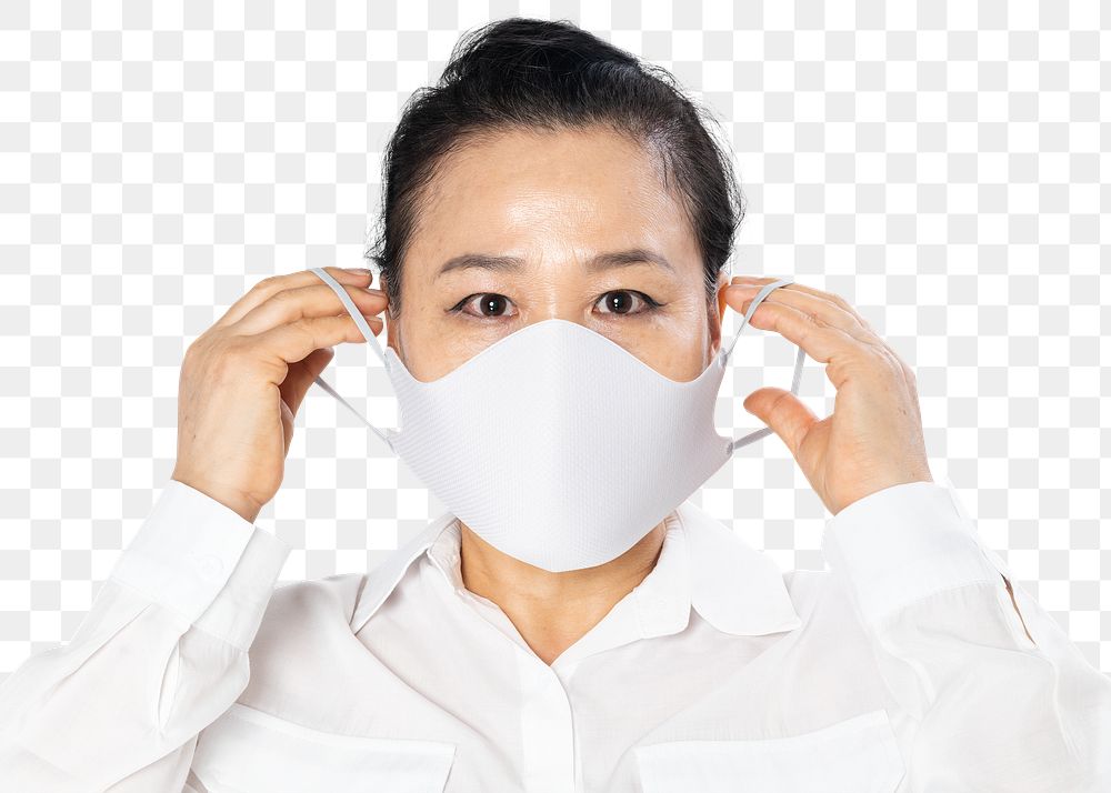 Mature woman png mockup wearing face mask covid-19 protection