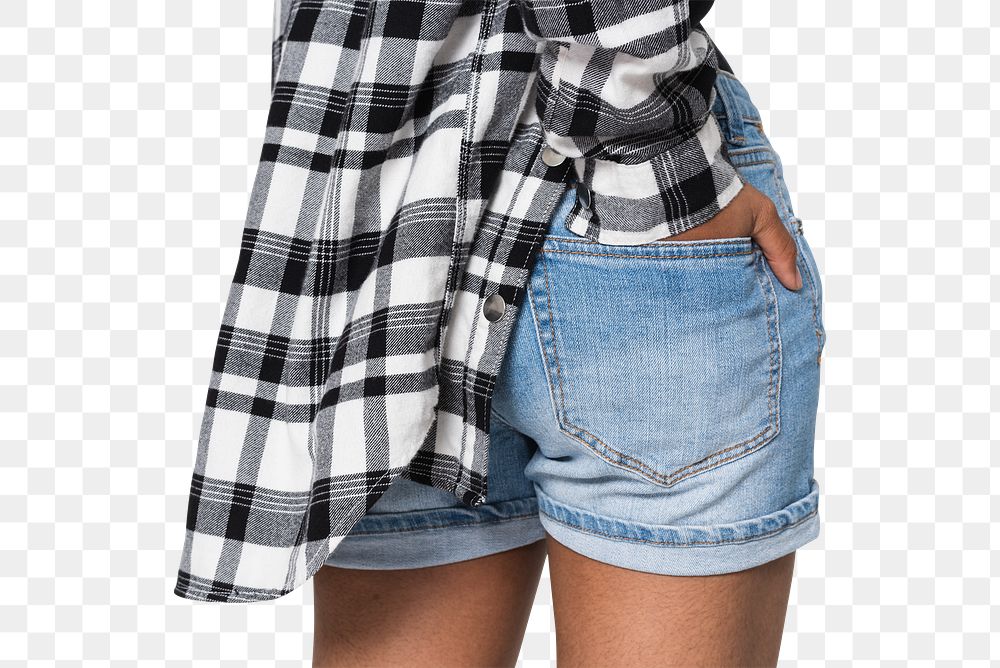 Png girls&rsquo; denim shorts mockup for youth apparel shoot rear view