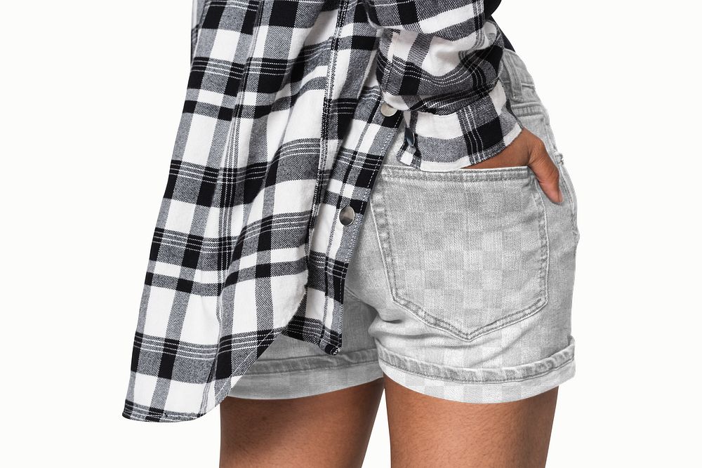 Png girls&rsquo; denim shorts mockup transparent for youth apparel shoot rear view
