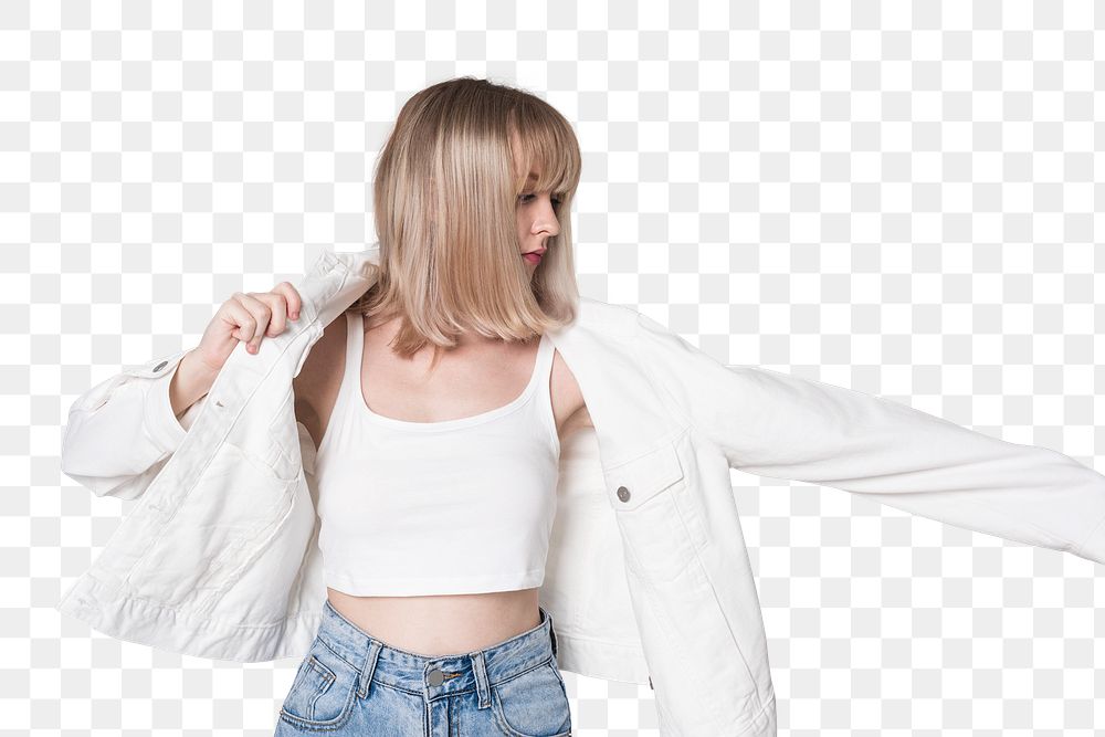 Png blonde girl mockup in white tank crop top streetwear shoot