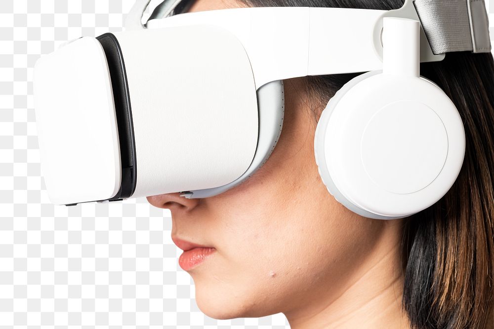 Woman with png VR headset mockup