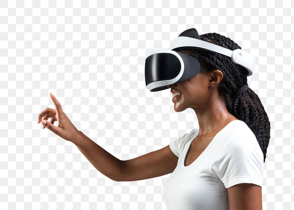 Woman with VR headset png touching invisible screen