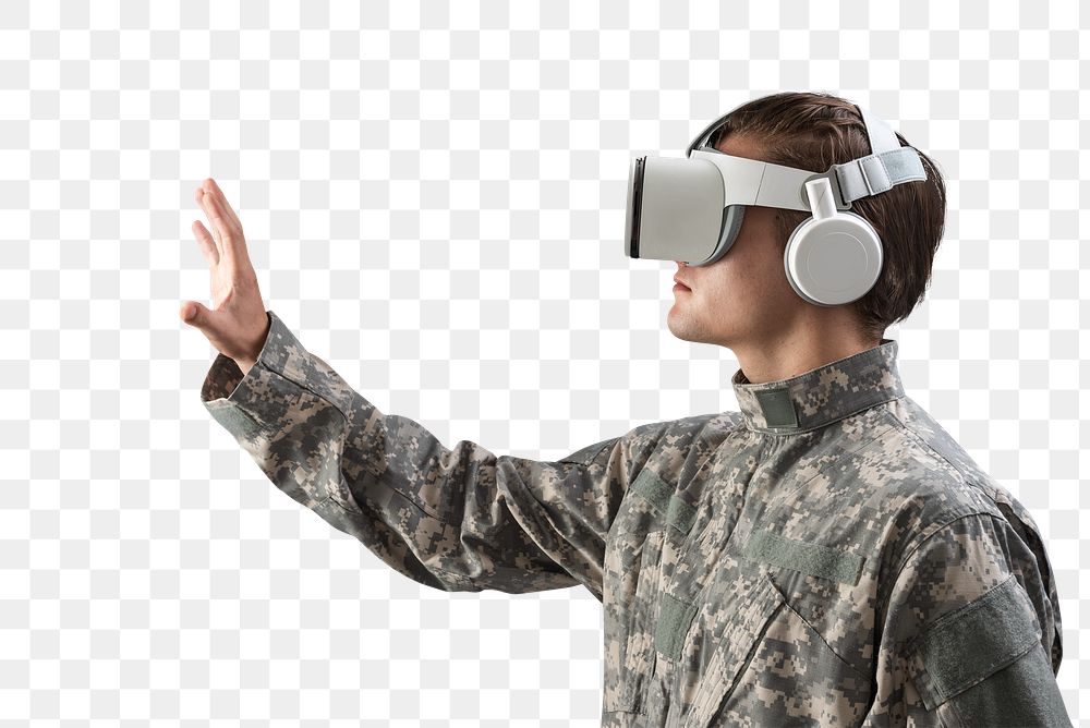 Military officer in VR headset touching virtual screen png mockup