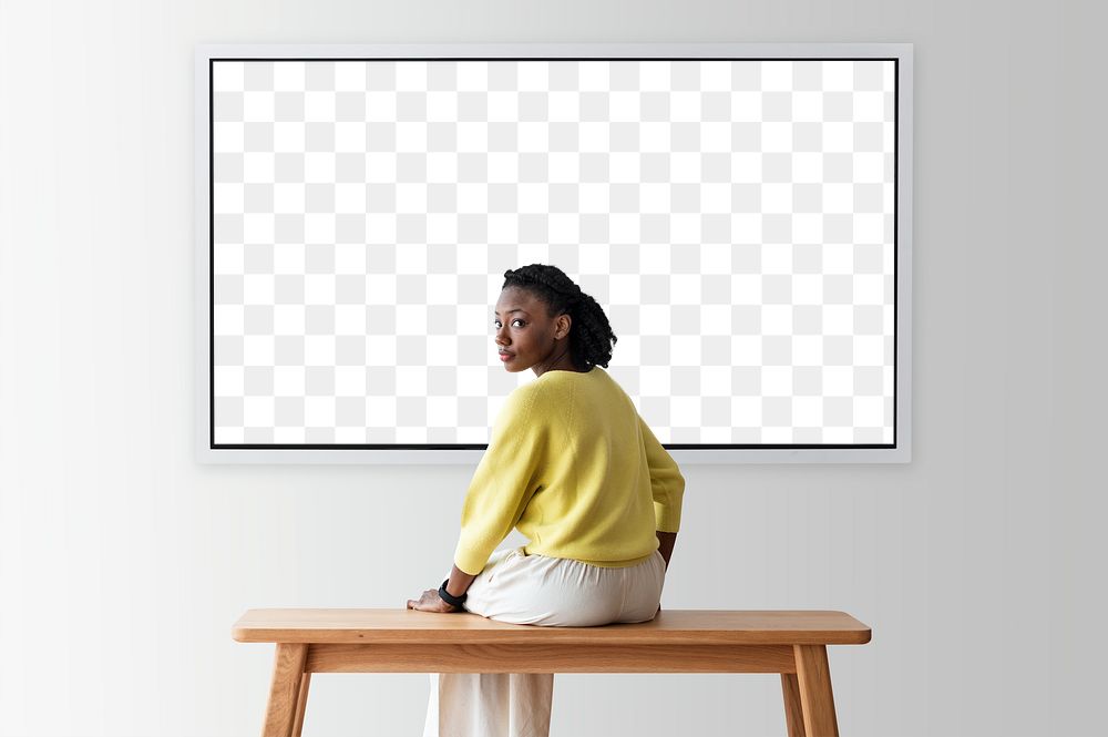 Woman with png projector transparent wall rear view