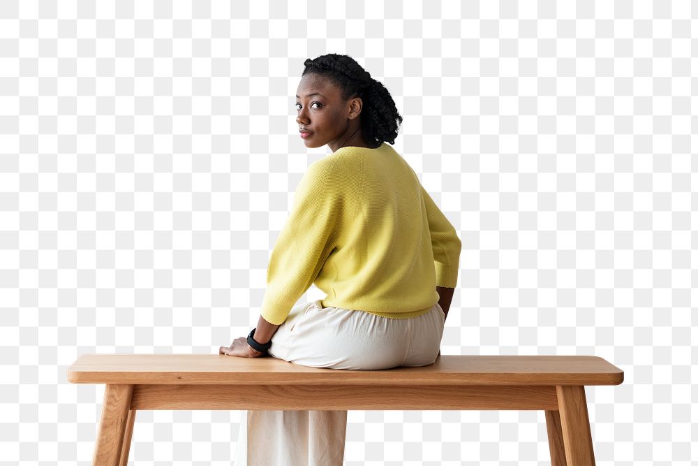 Woman sitting png on a bench rear view