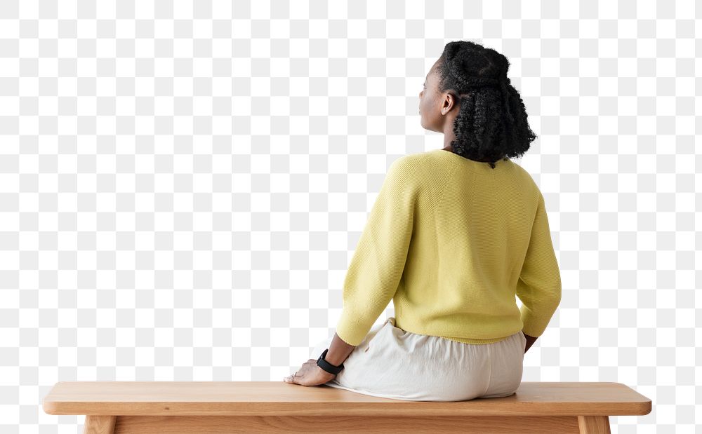 Woman sitting png on a bench rear view