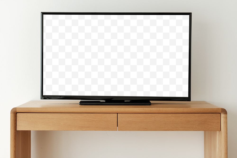 Smart TV png screen mockup on a wooden table