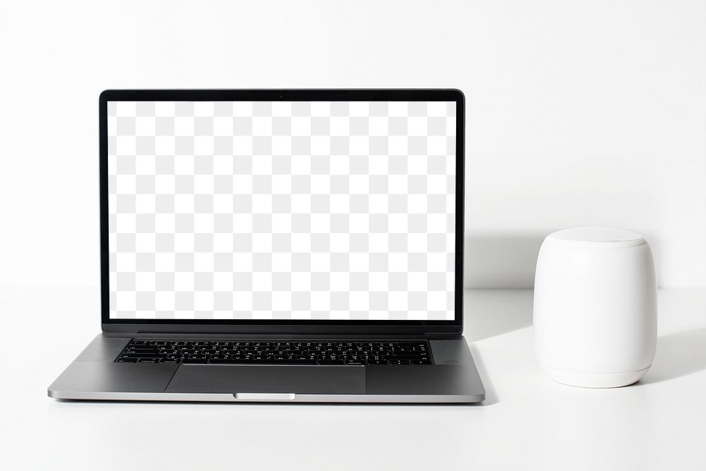 Laptop png screen mockup with smart speaker