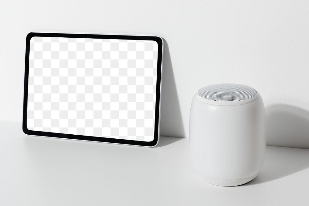 Tablet png screen mockup with smart speaker digital technology
