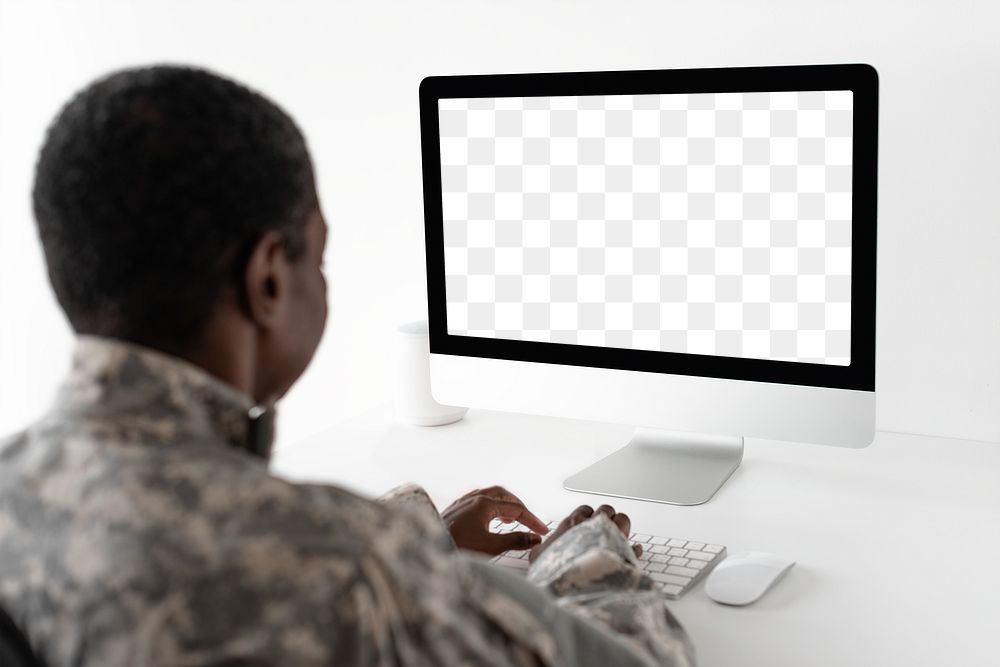 Military officer using png computer screen mockup army technology