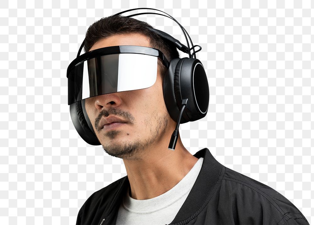 Man png wearing headphones and smart glasses mockup