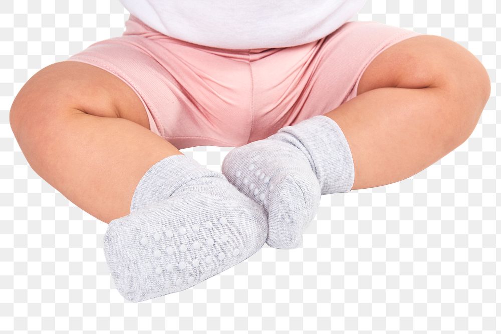 Png baby wearing sock mockup sitting on the floor