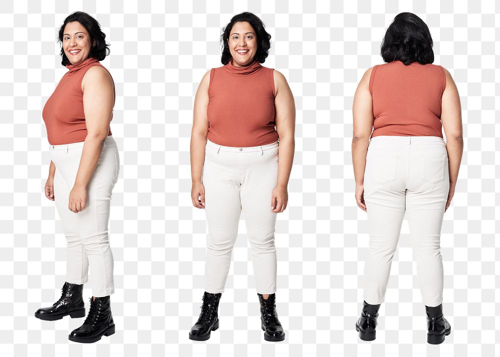 Png size inclusive fashion orange top and white jeans mockup