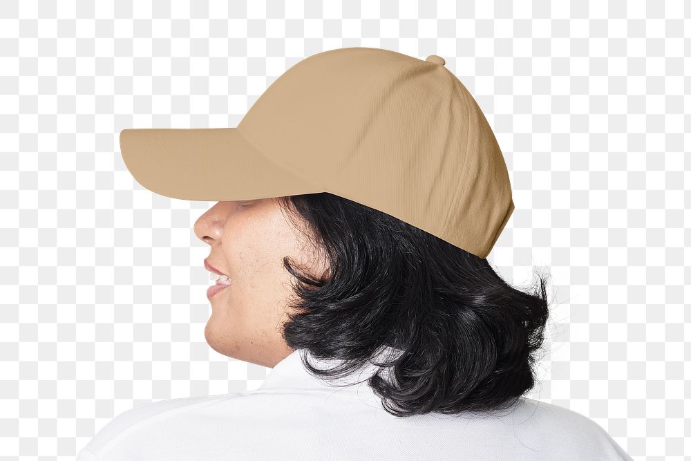 Women's brown cap mockup png back facing fashion shoot in studio