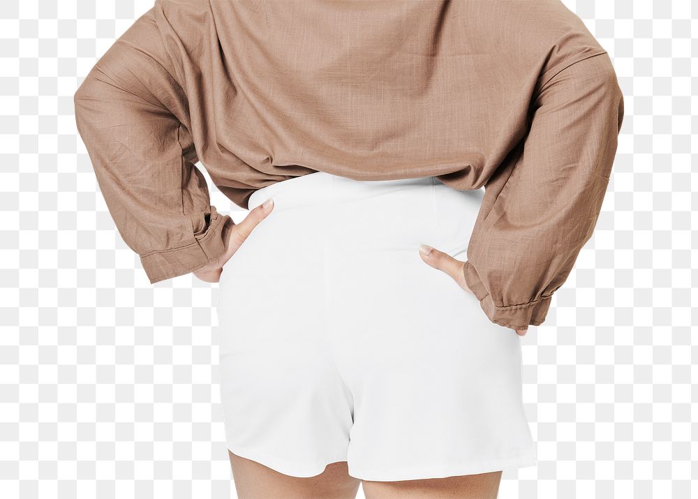 Size inclusive png women's fashion white shorts mockup facing back