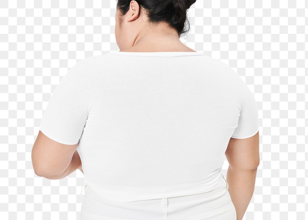 Size inclusive fashion png white crop top model facing backward mockup