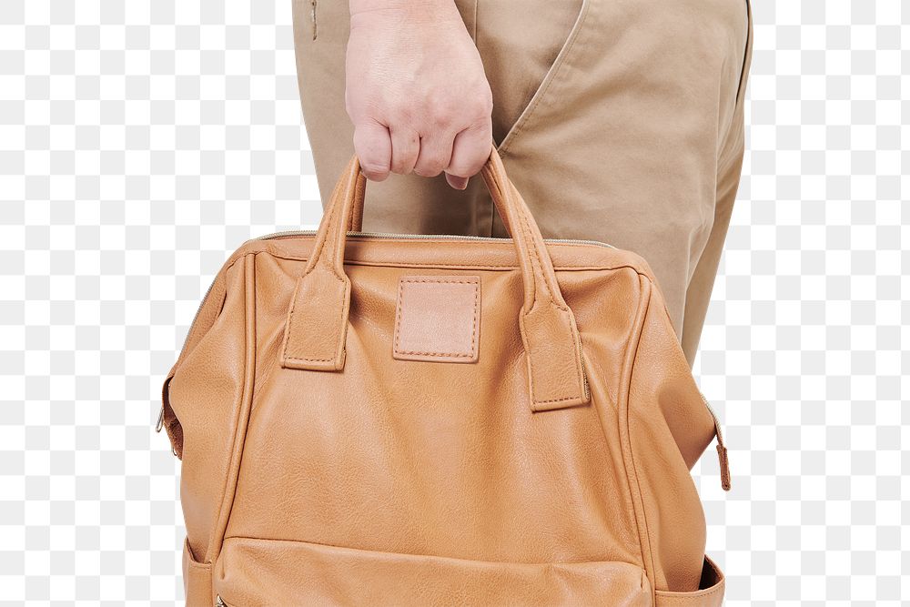 Png person holding brown leather backpack mockup