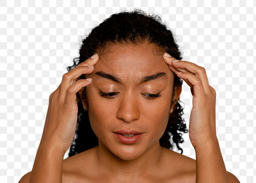 Headache png, woman having migraine, transparent background 