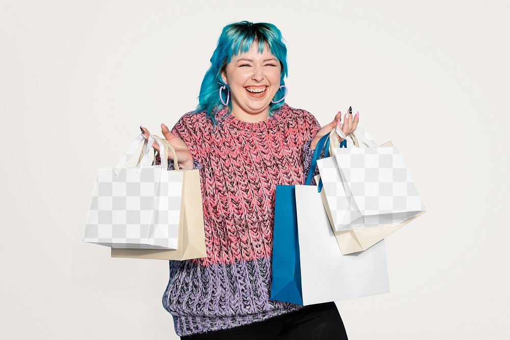 Shopping bag png mockup, shopaholic carrying a bunch, transparent design