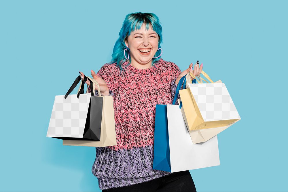 Shopping bag png mockup, shopaholic carrying a bunch, transparent design