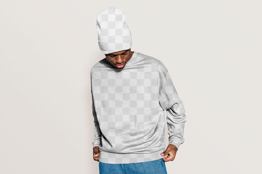 Sweatshirt png mockup & beanie, men's fashion & apparel, transparent design