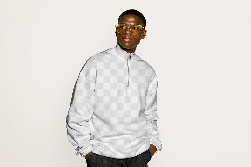 Half zip sweater png mockup, men's streetwear fashion, transparent design