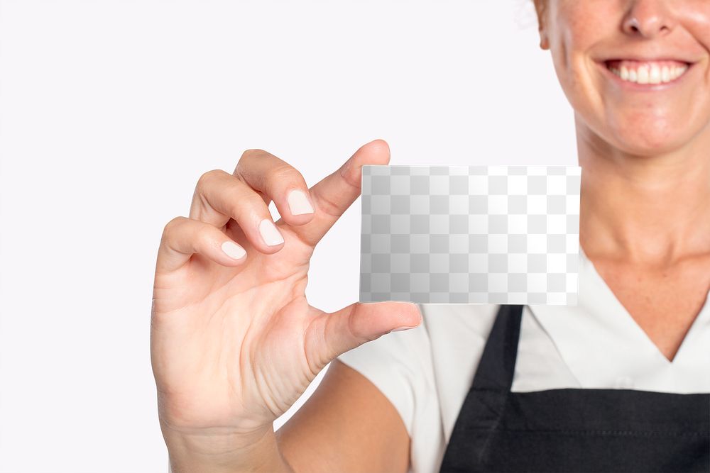 Business card png mockup presented by a woman