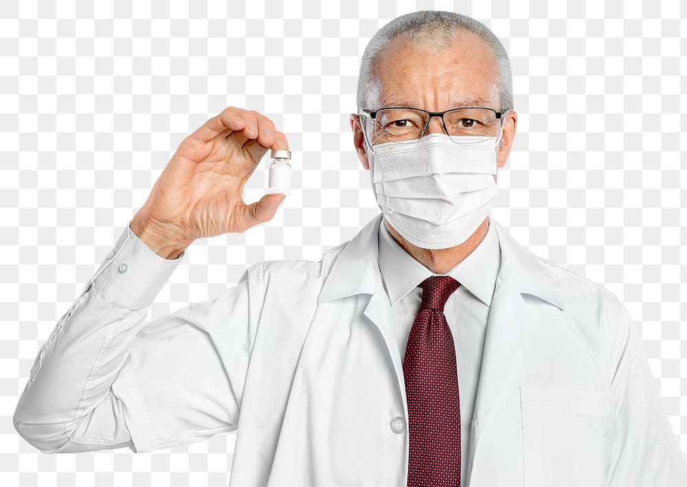 Male doctor png mockup holding a vaccine bottle