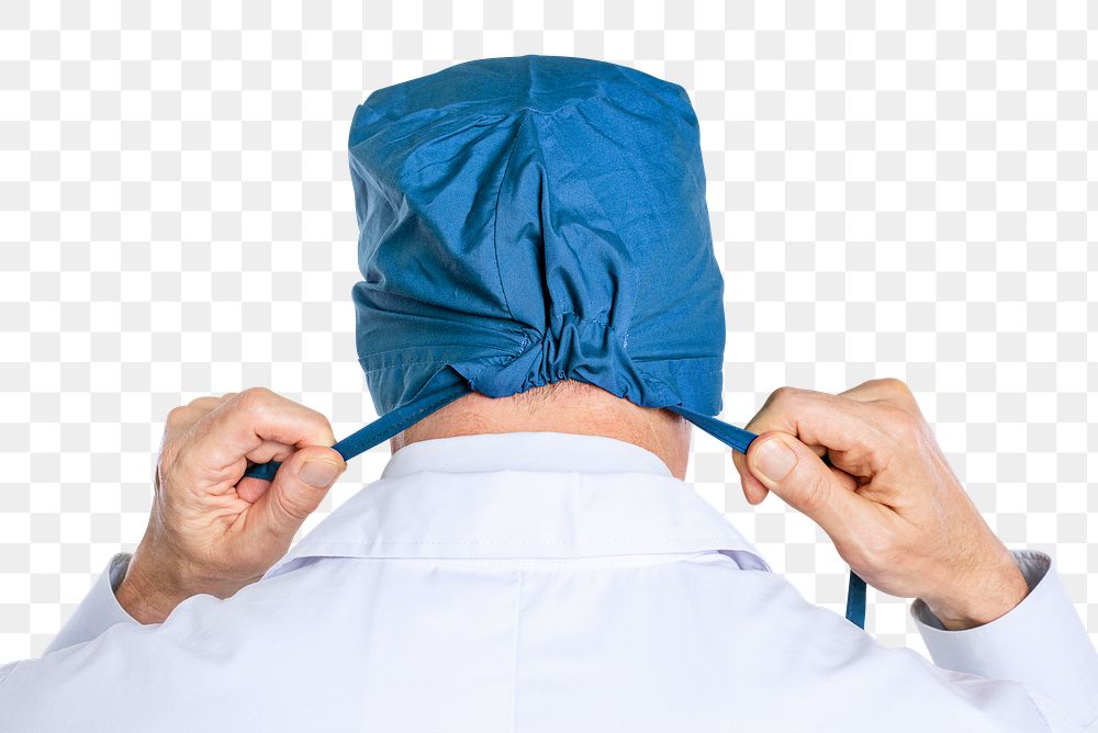 Male surgeon png mockup wearing a blue surgical cap