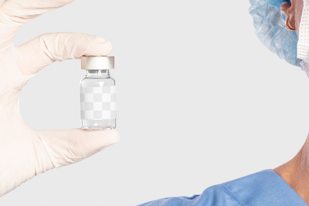 Vaccine bottle png mockup in doctors hand