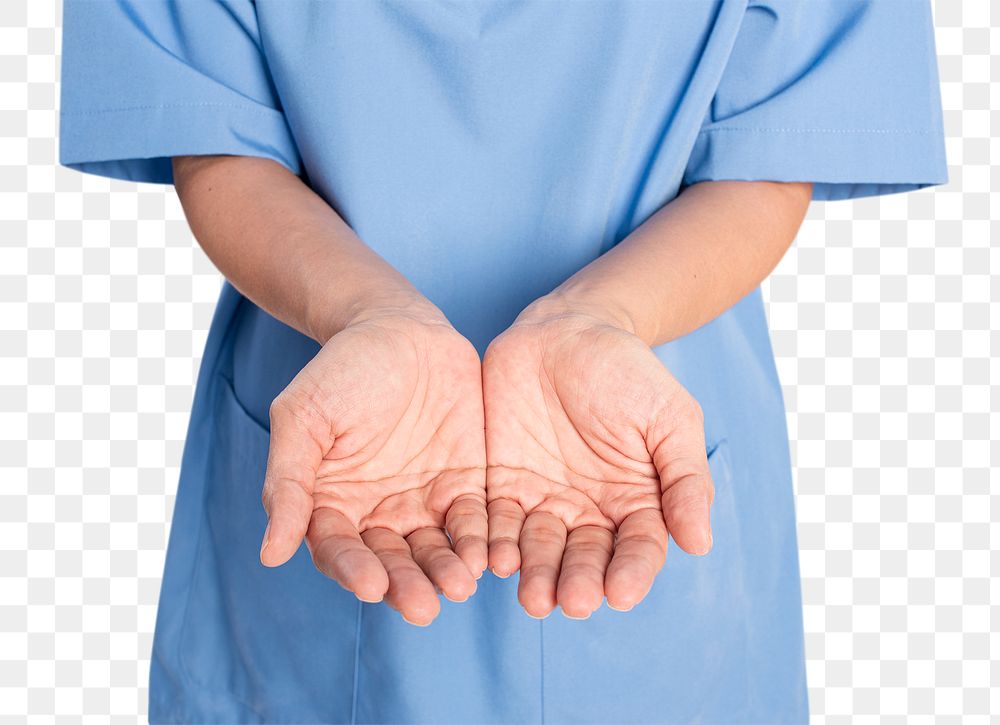 Female doctor png mockup showing a support hand gesture