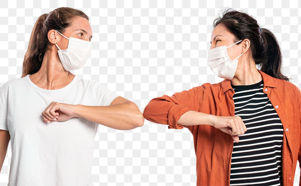 People png mockup with face masks doing elbow bumps new normal greeting