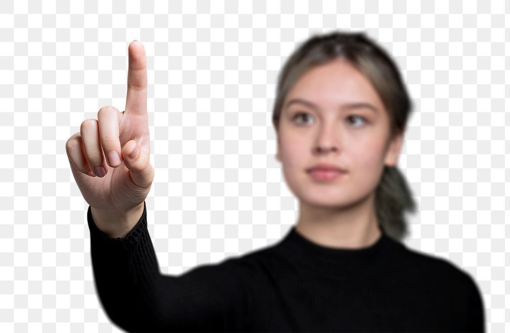 Woman gesture png mockup pointing on an invisible screen