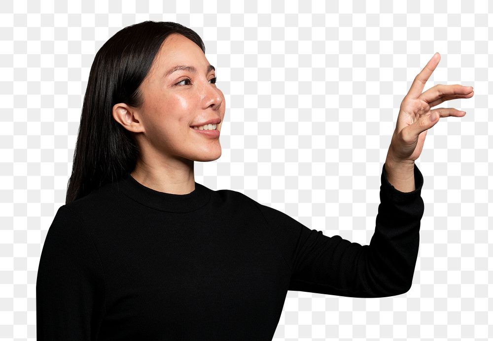Woman gesture png mockup pressing  on an invisible screen