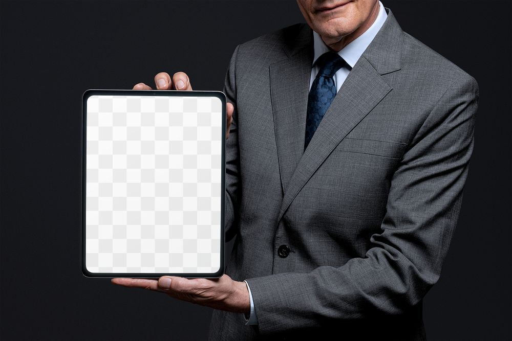 Businessman holding blank tablet png