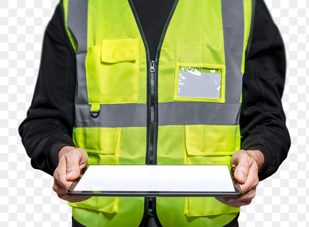 Male engineer png mockup holding on tablet