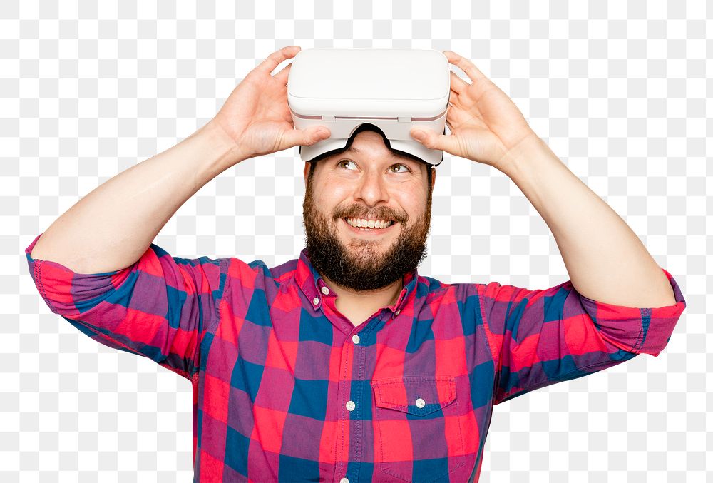Bearded man mockup png wearing VR headset digital device