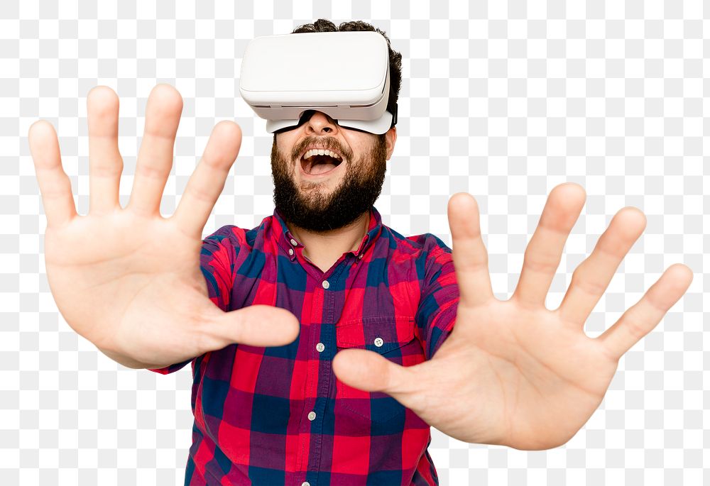 Bearded man mockup png having fun with VR headset digital device