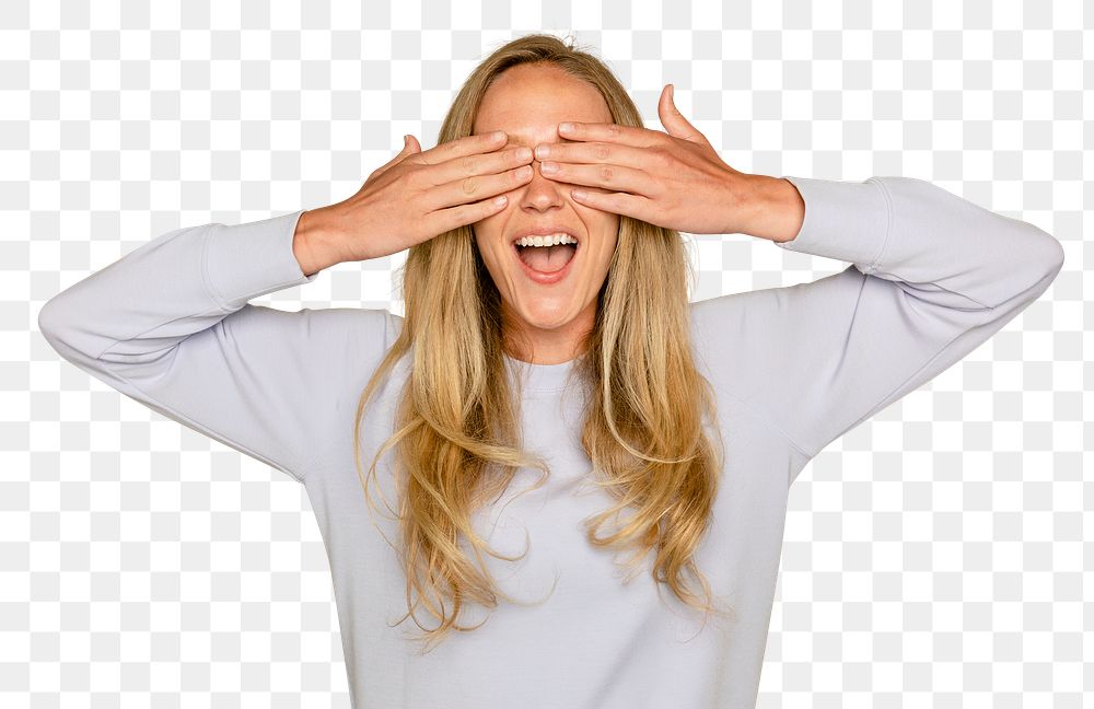 Surprised woman mockup png hands covering her eyes