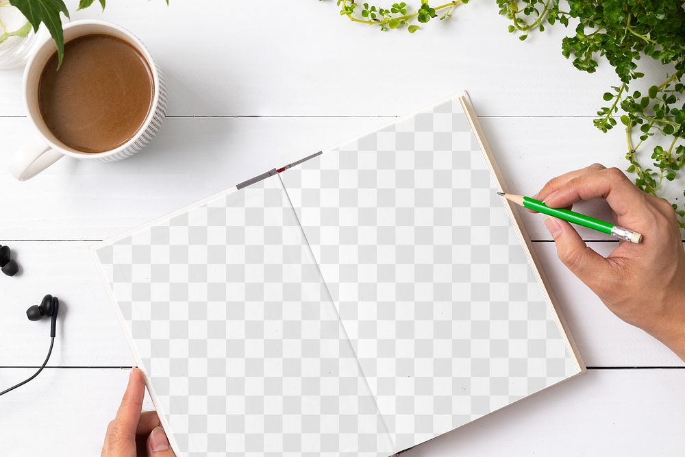 Book png mockup on wooden table with potted plants flat lay