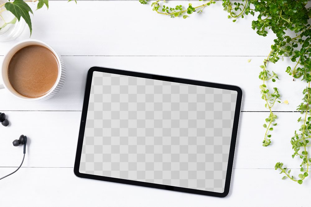 Tablet png screen mockup on plant parent table flat lay