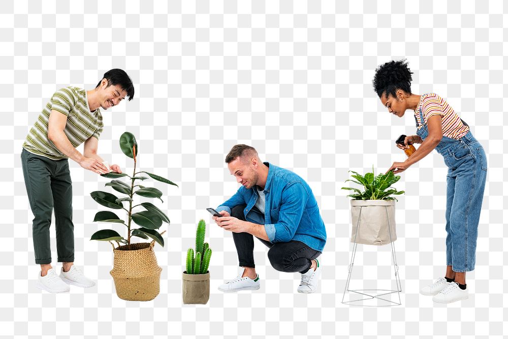 Png plant parents mockup taking care of their houseplants