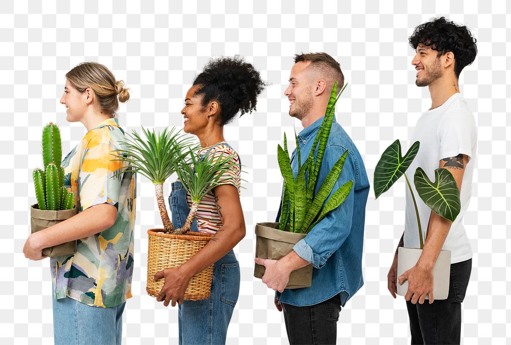 Png plant parents mockup holding their houseplants side view
